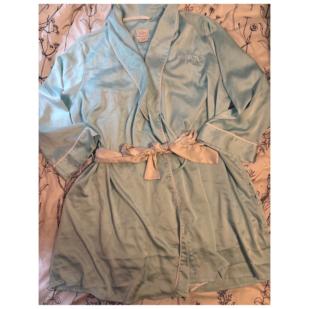 Kate Spade‎ Light Blue Satin "Mrs" Robe & Nightgown, L/XL Bride Honeymoon